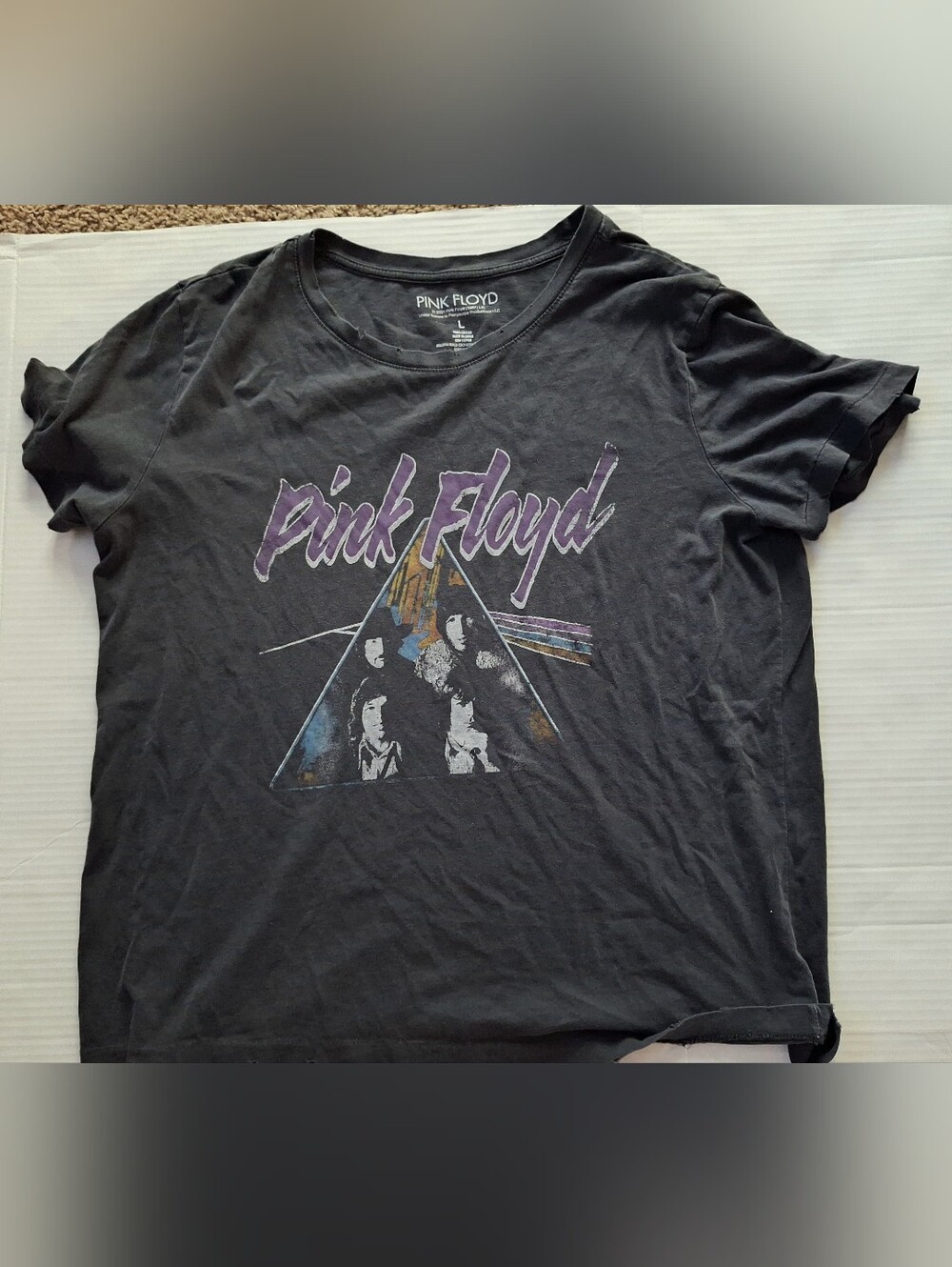 Pink Floyd Black Tee with Purple Script and Prism Graphic